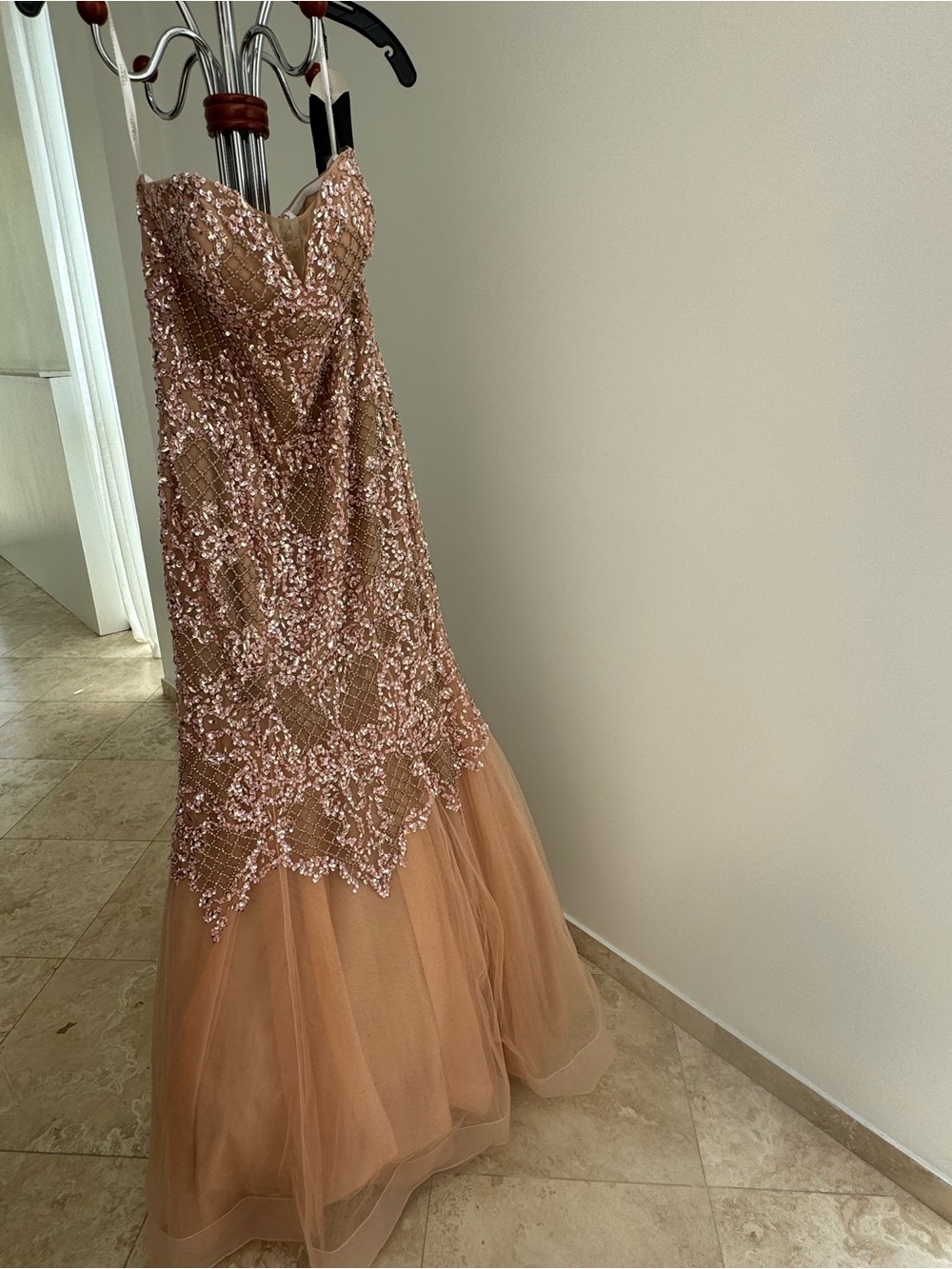 Terani Couture Blush Pink Strapless Beaded Mermaid Gown - Picture 3 of 5
